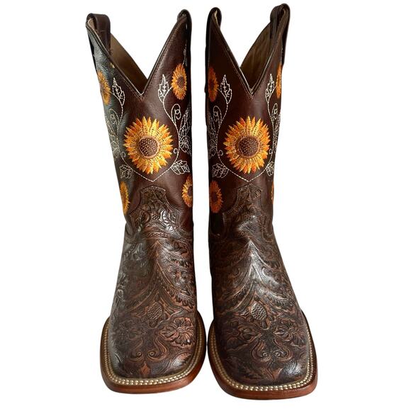 Reywelt Western Boots Embossed Leather Sunflower Embroidery Size 8 Square Toe - Picture 4 of 13